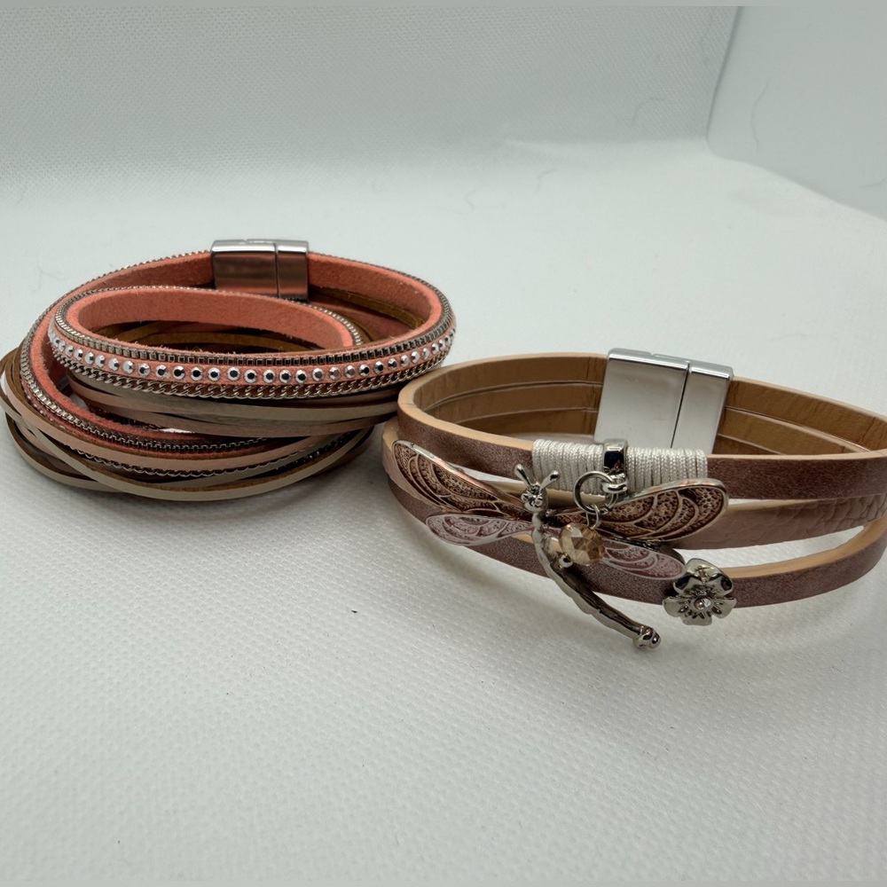 Layered Leather Wrap Bracelets | Dragonfly & Stud Detail | Set of 2